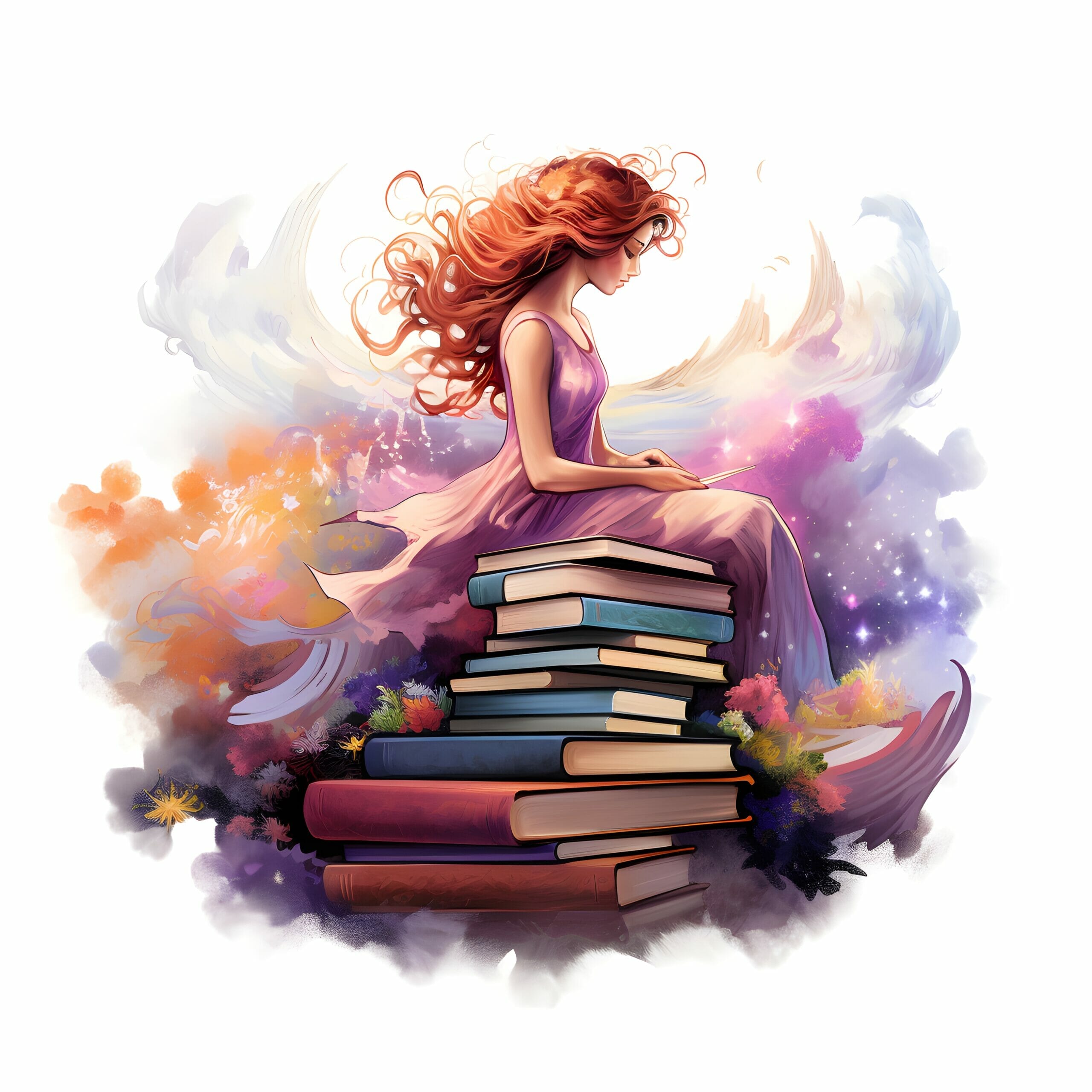 A girl perched on a tower of books.