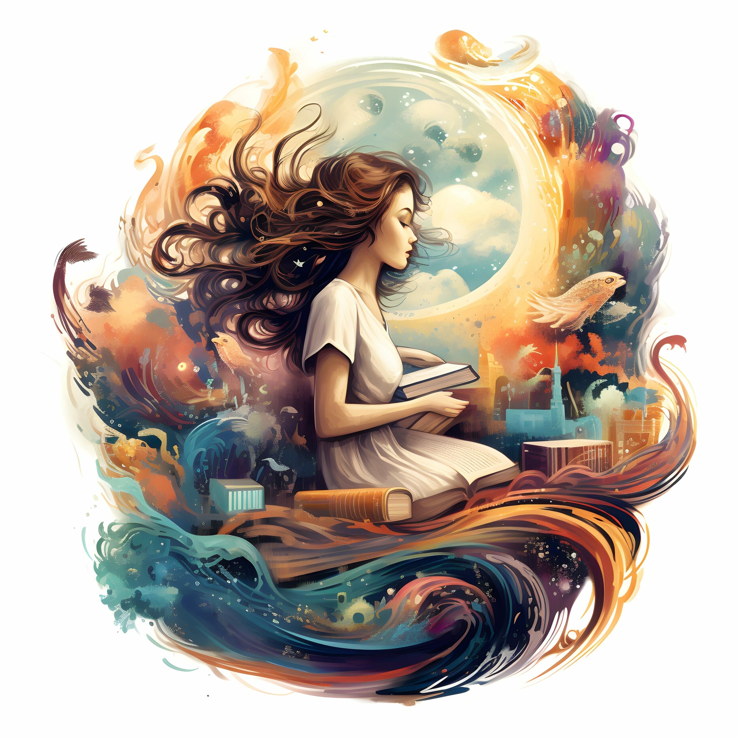 An illustration of a girl reading a book at home.