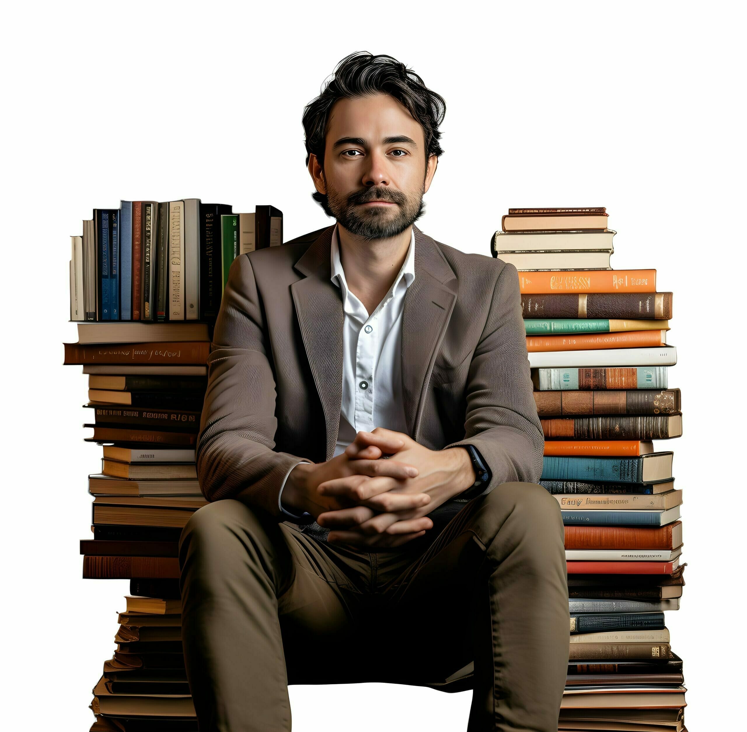 A man sitting on a pile of books, surrounded by authors.