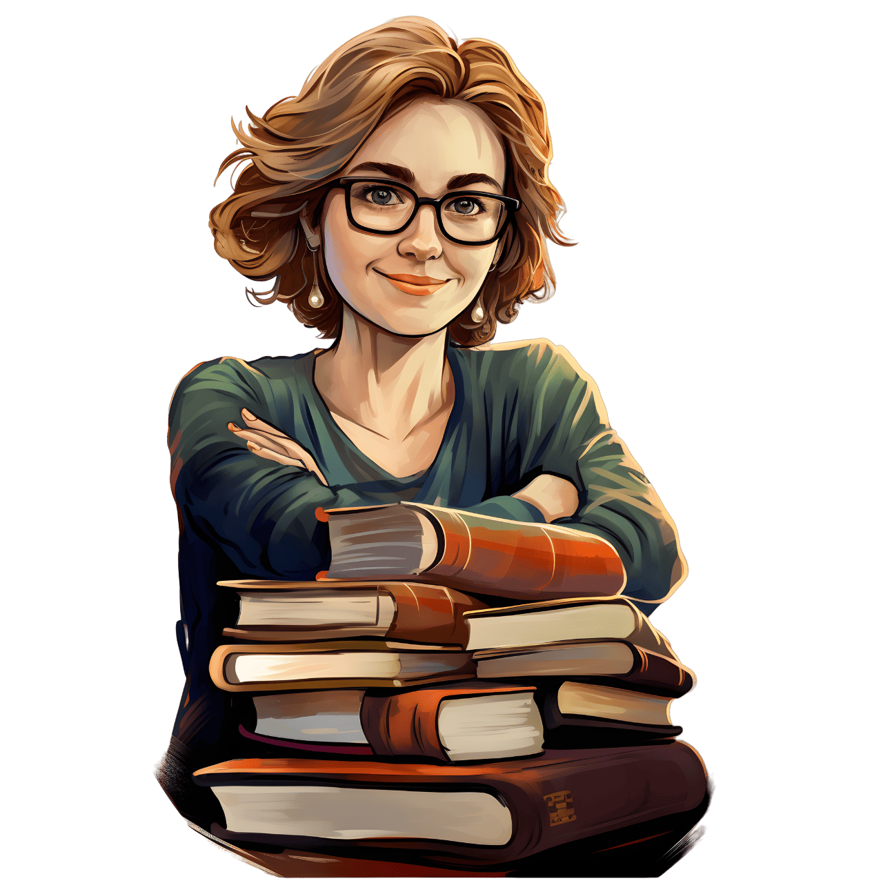 An artist with glasses sitting on a pile of books.