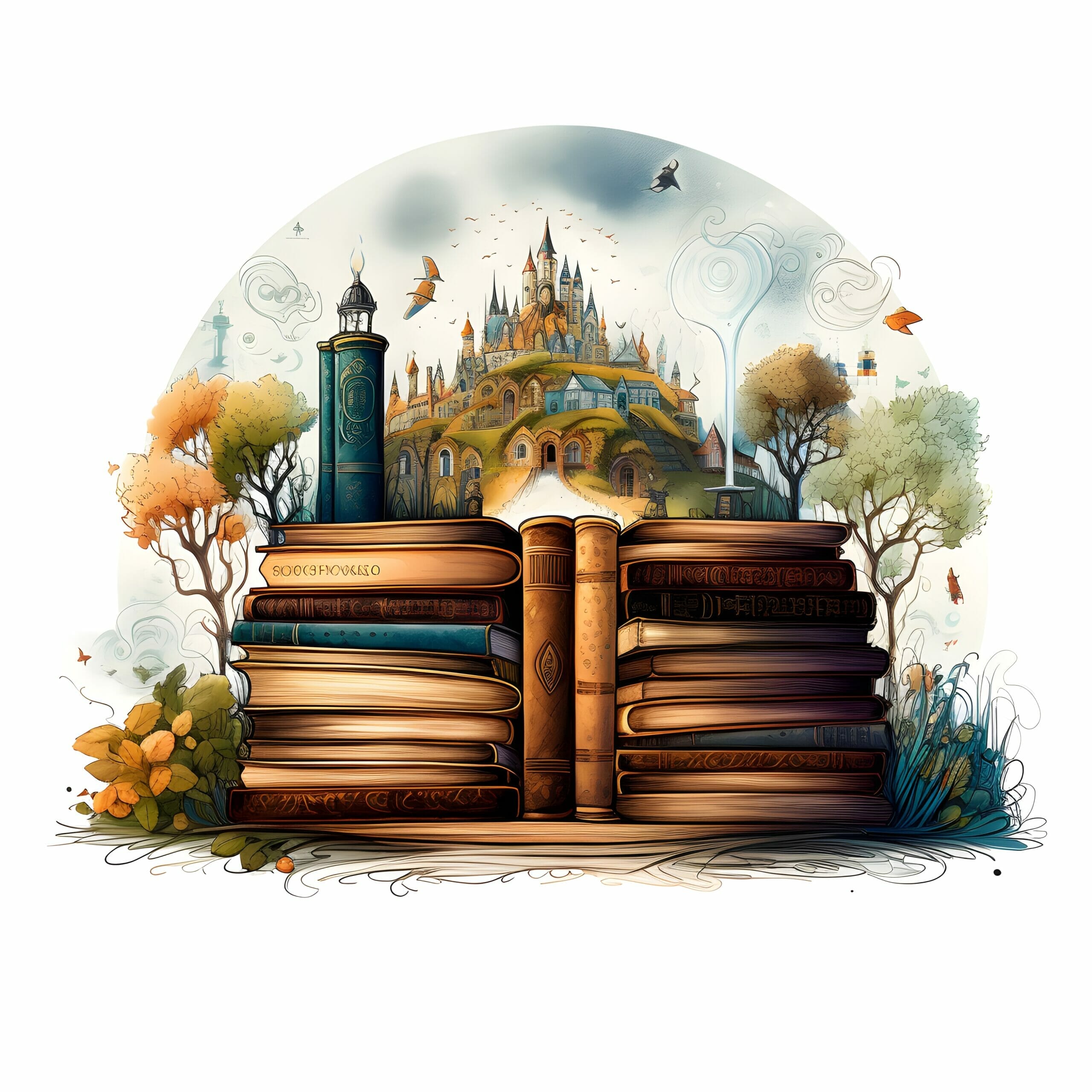 A stack of important books with a castle in the background.