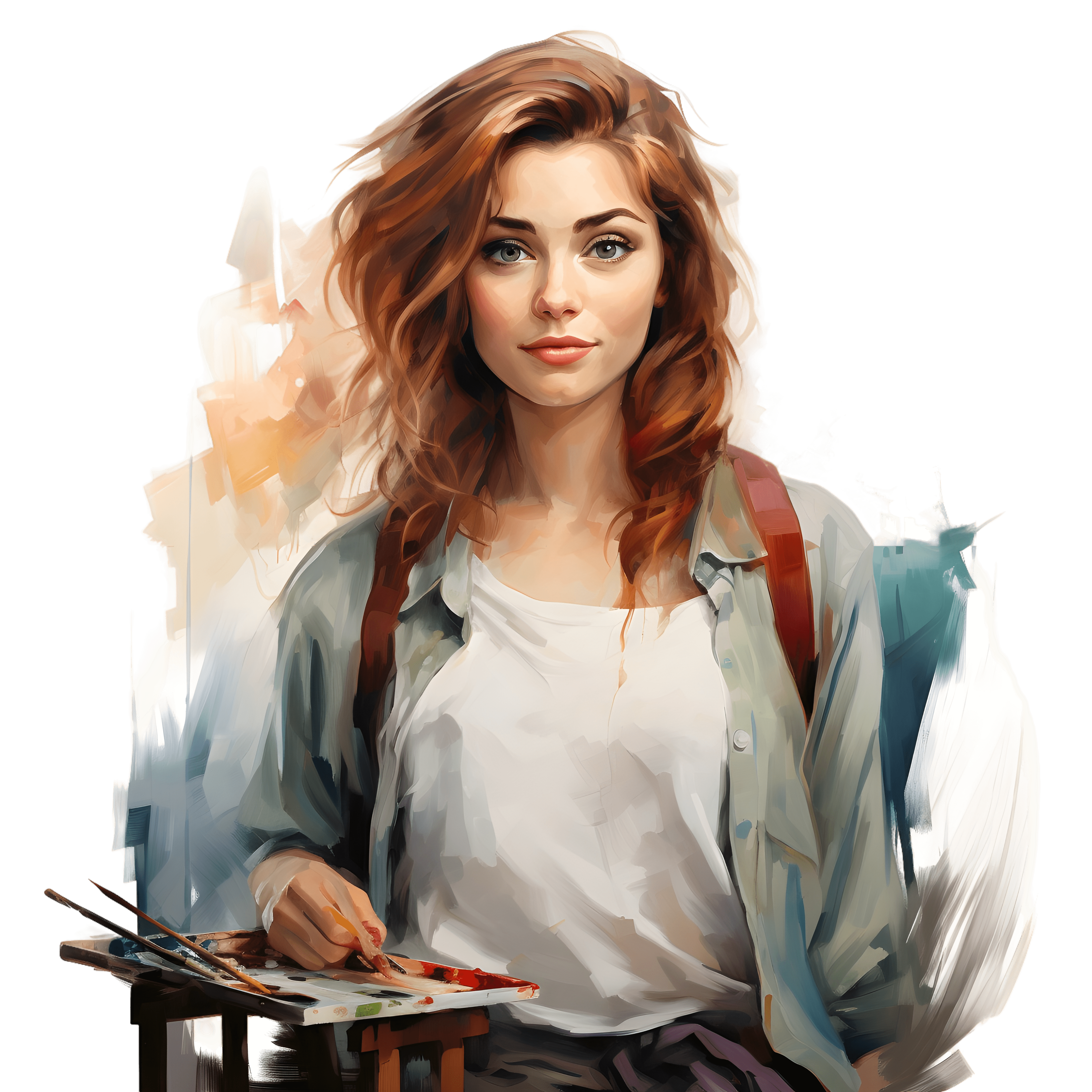 An illustration of a woman gracefully holding an easel in her cozy home.