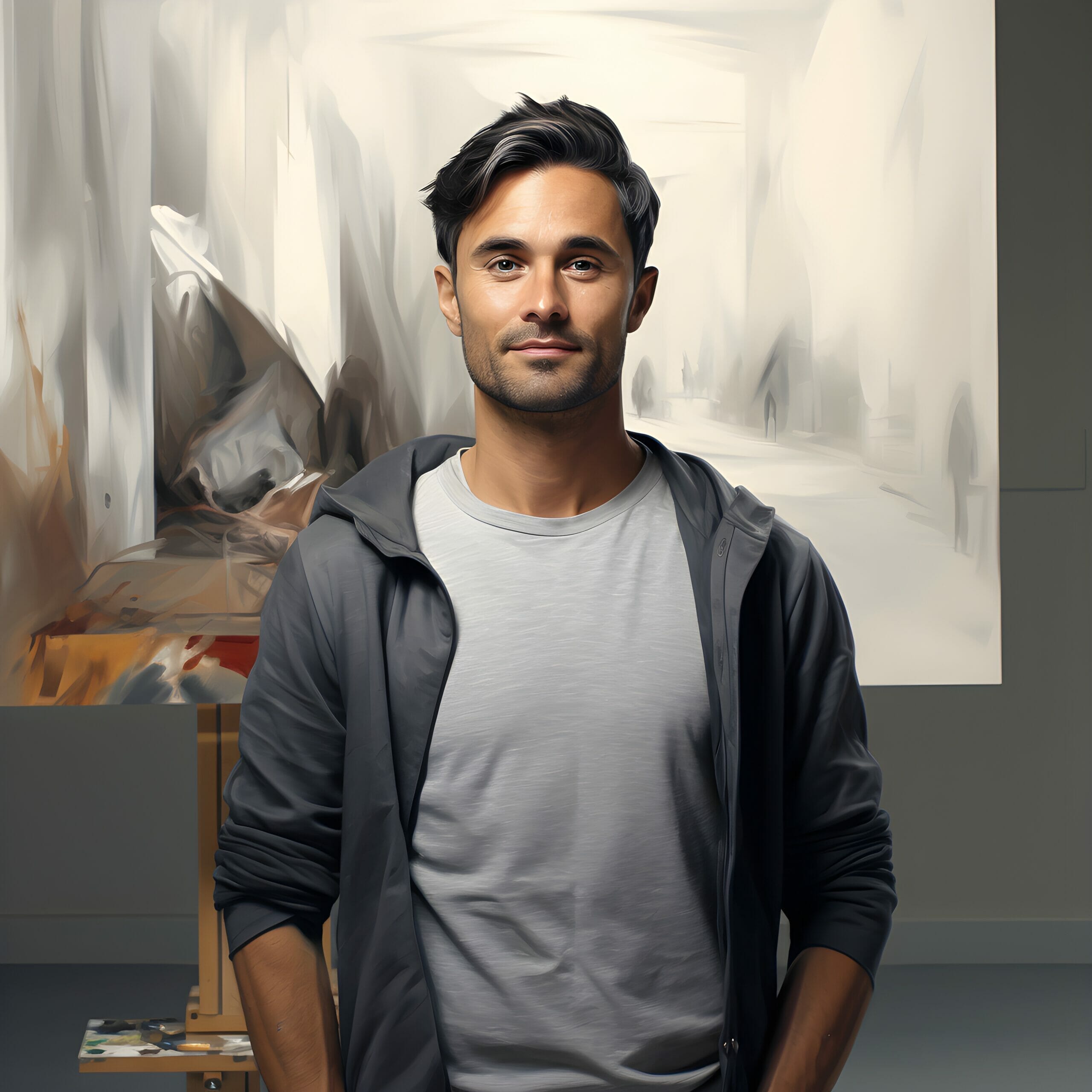 An artist standing in front of an easel.