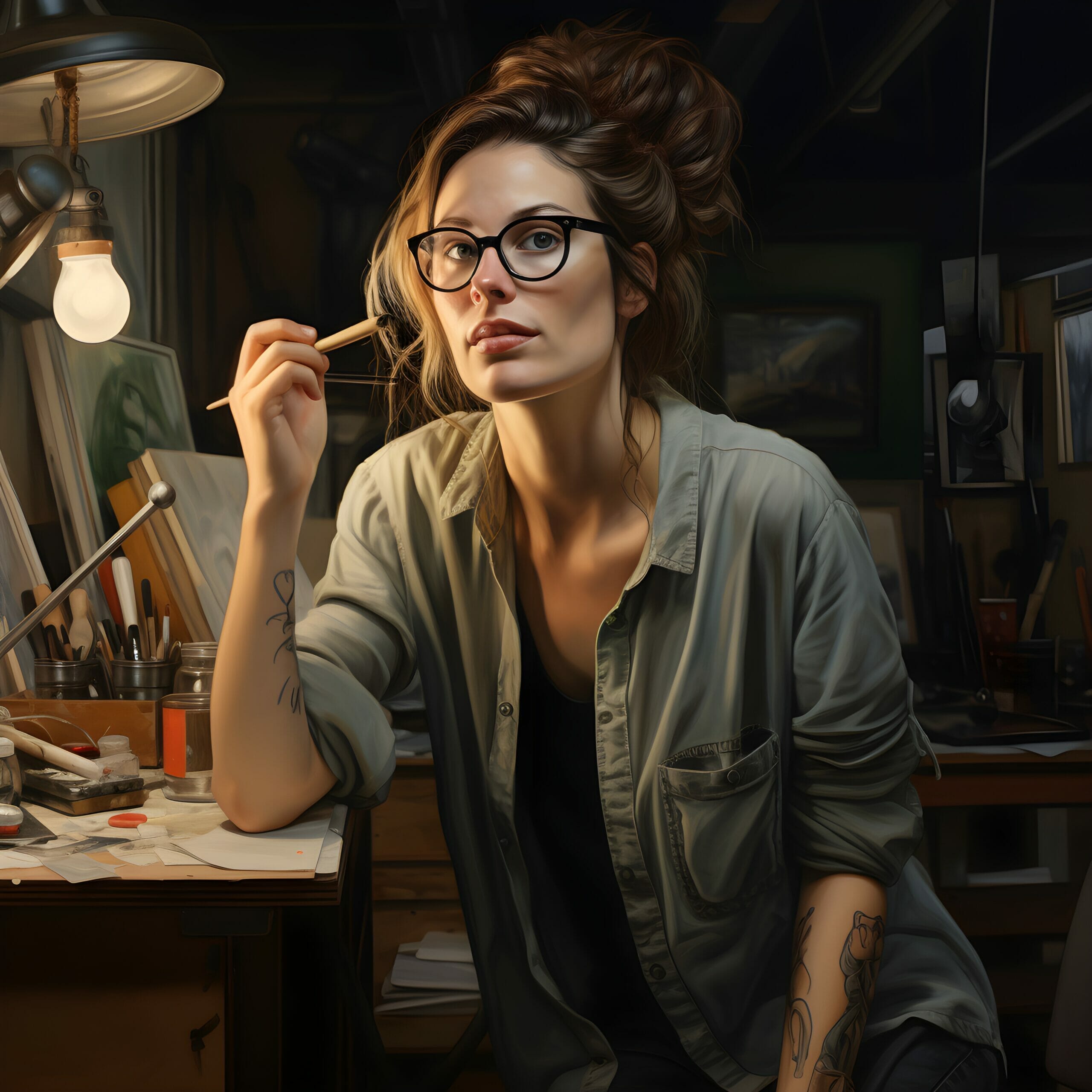 A woman, possibly an artist, wearing glasses and sitting at a desk.