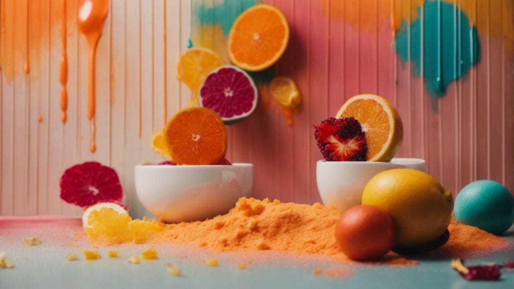 A bowl of oranges and lemons on a colorful background.