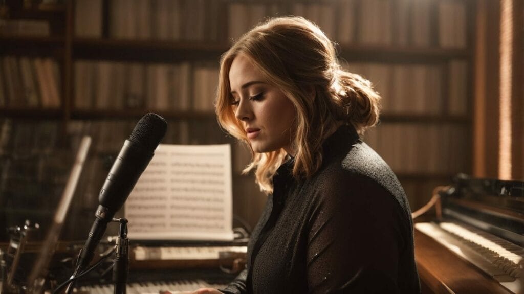 Adele at the piano, writing songs in a recording studio.