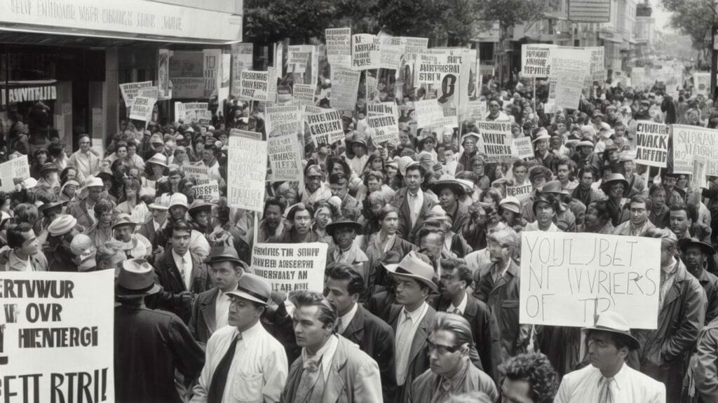 A black and white photo of a crowd of Hollywood writers holding signs during a strike.