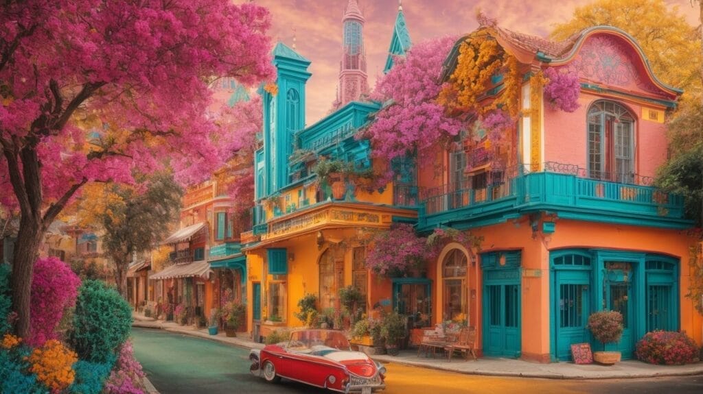 An online coloring page featuring a colorful street scene with a red car and colorful houses.