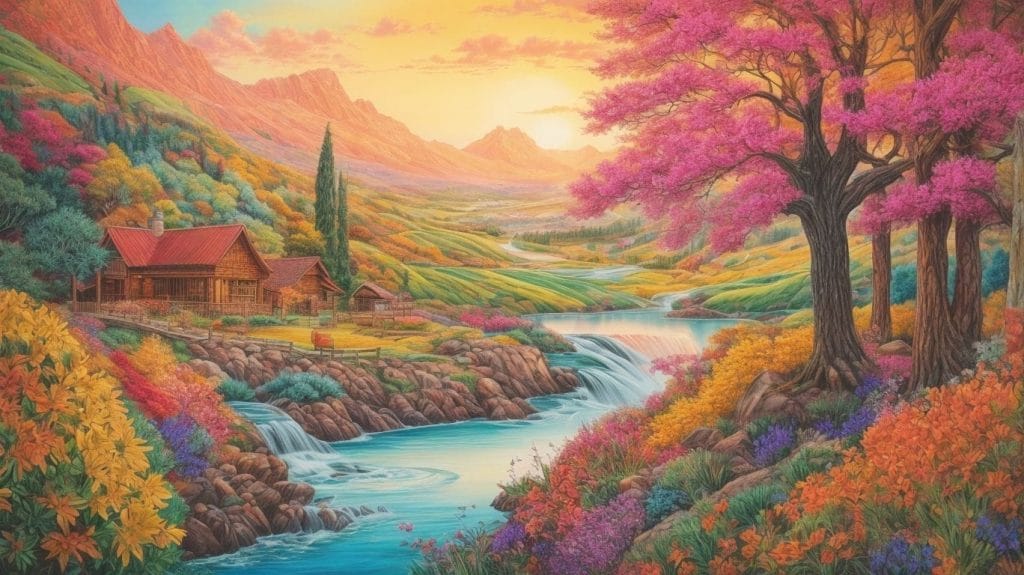 A COLORING BOOK featuring a picturesque PAINTING of a river and a cabin nestled in the majesty of the mountains.