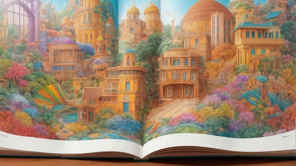 A design book showcasing a colorful painting of a city.