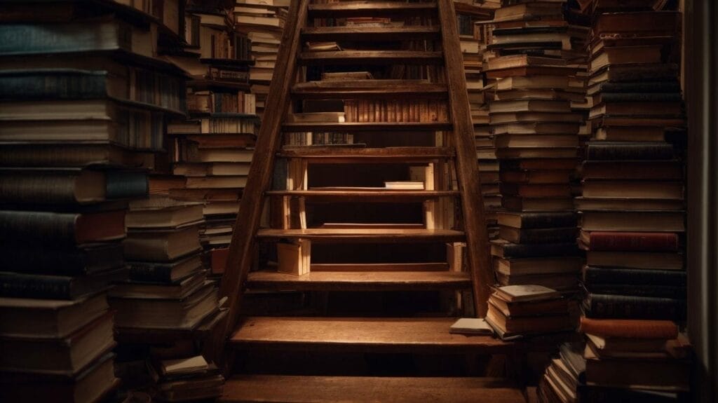 A staircase full of books in a dimly lit room, providing an ideal setting to improve one's writing skills.