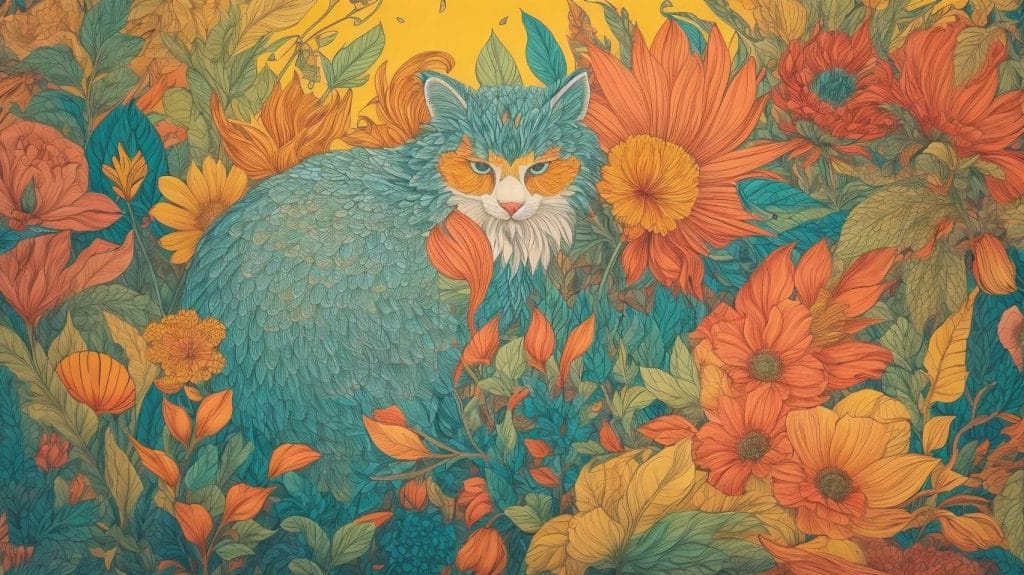 Make an illustration of a cat in a field of flowers for a coloring book.