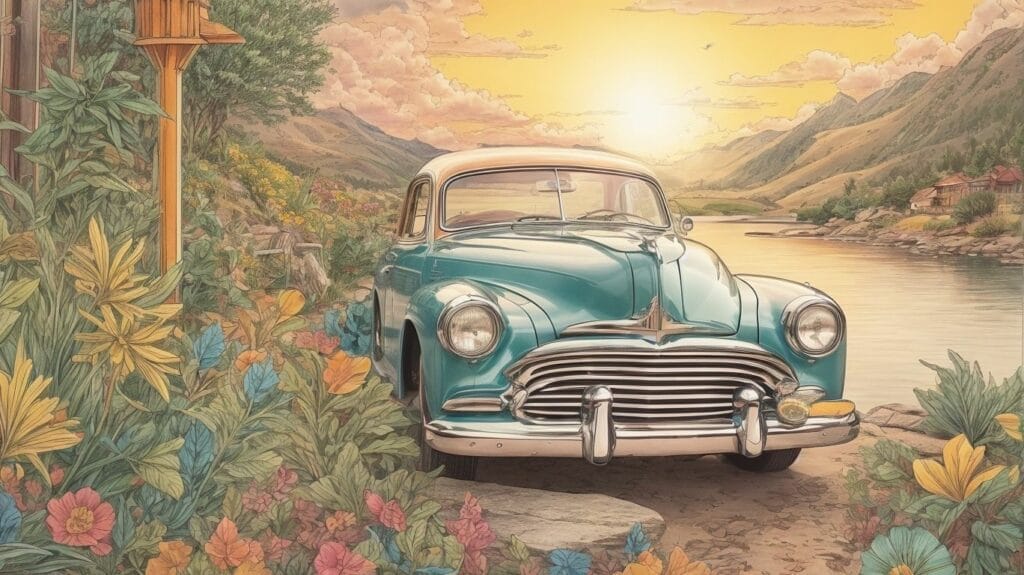 A colorful painting of an old car parked in front of a serene lake.