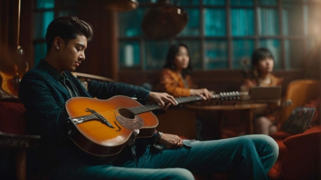 A group of people sitting on a couch writing a song while one person strums an acoustic guitar.