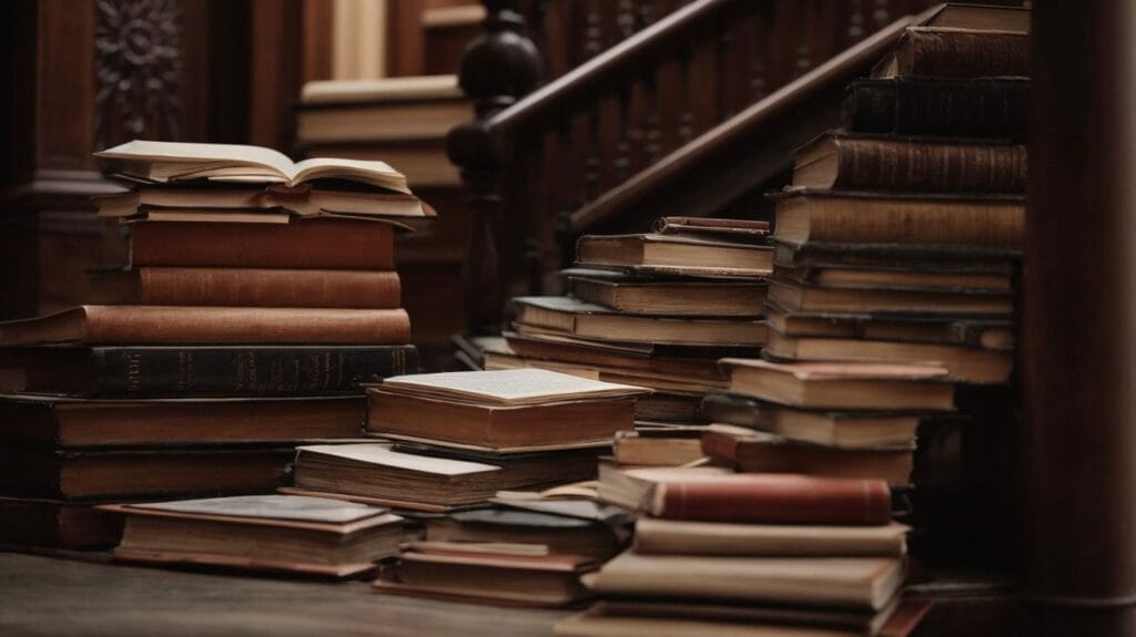 A pile of books on a staircase, inviting you to write an essay.