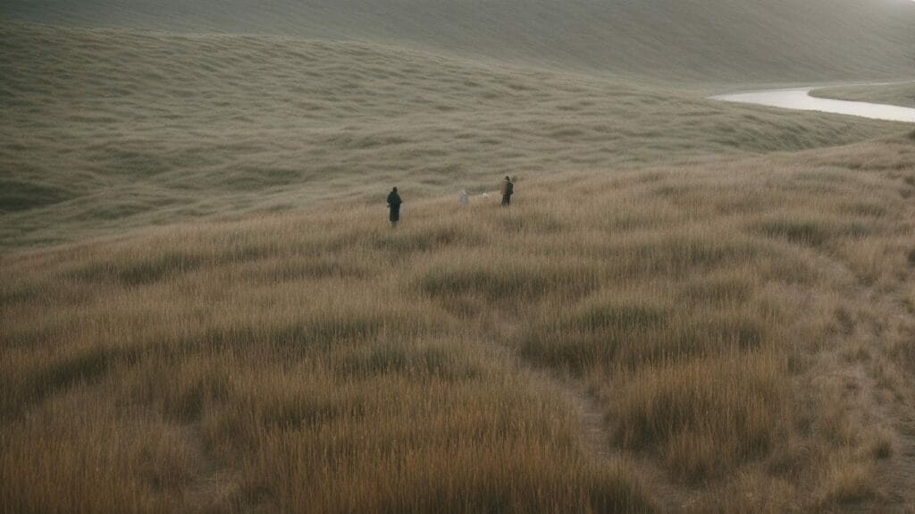 Two people standing on a grassy hill next to a river, contemplating the meaning of their surroundings.