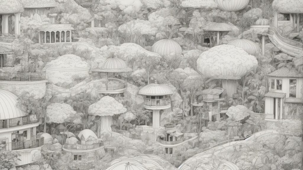 A black and white drawing of a city with trees and mushrooms ideal for a coloring book.