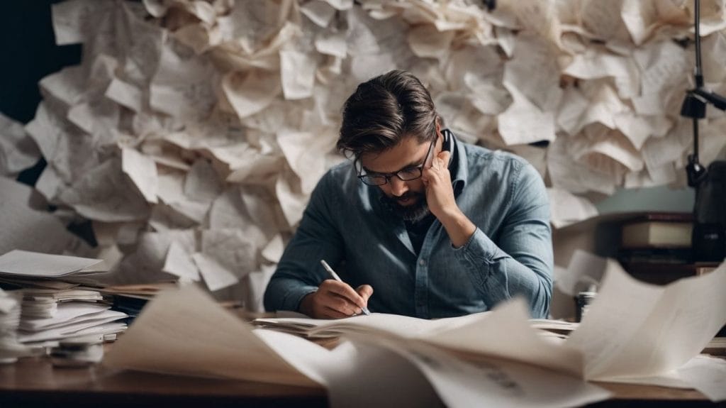 A man experiencing writer's block sits in front of a pile of papers.