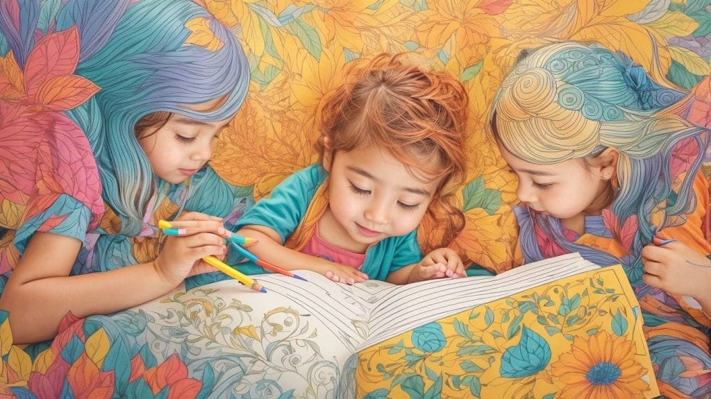 On National Coloring Book Day, three little girls enthusiastically celebrate by coloring in a book.