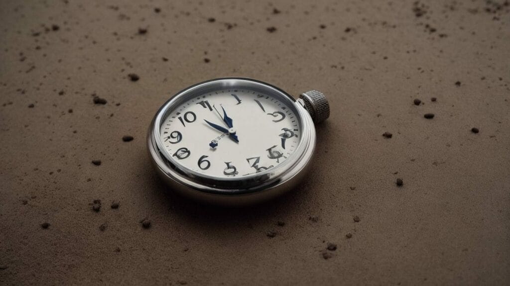 An end-of-the-line silver pocket watch sitting on a dirty surface, carrying the weight of a disrupted narrative during the writers' strike.