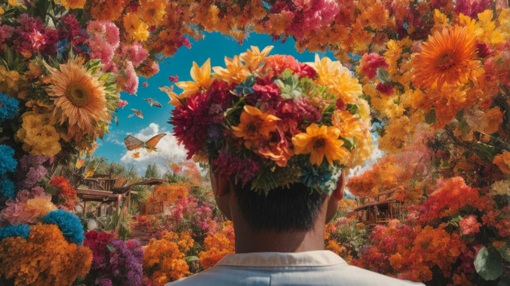 A man with flowers on his head enjoying the vibrant colors of a flower garden that he invented.