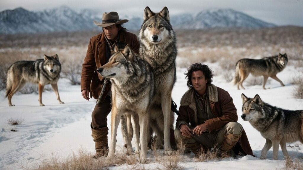 Three men in cowboy hats standing next to a group of wolves, resembling a scene from "Dances With Wolves".