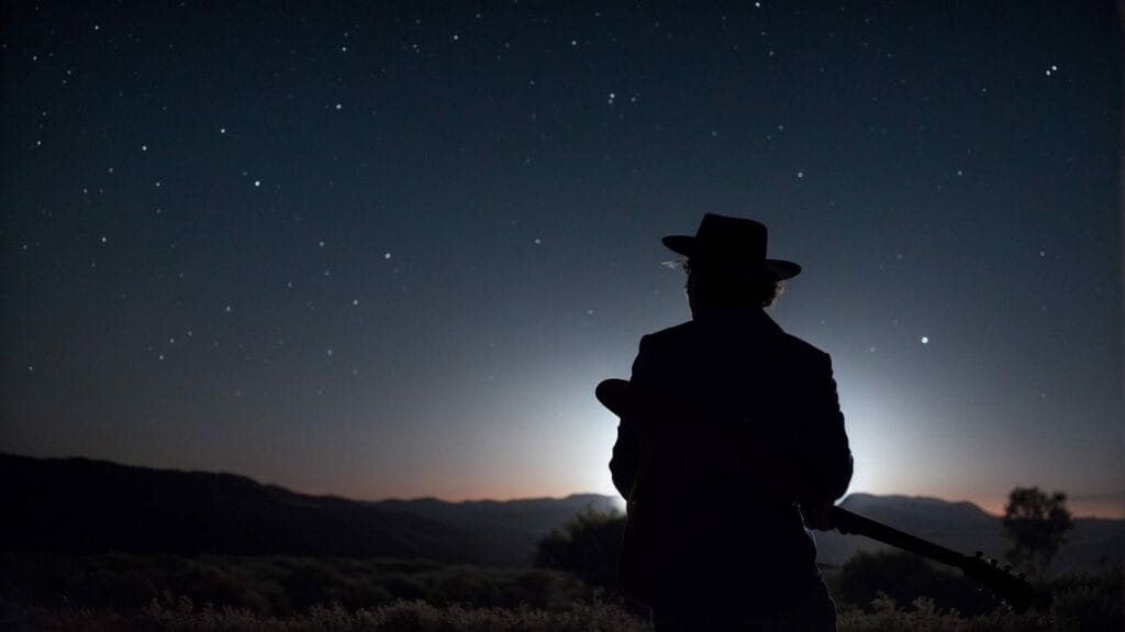 A man wearing a cowboy hat is standing under the stars.