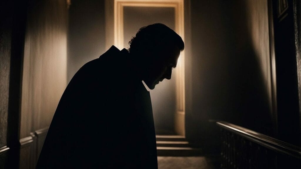 A man in a coat, resembling someone straight out of "Dracula", is gracefully walking down a dark hallway.