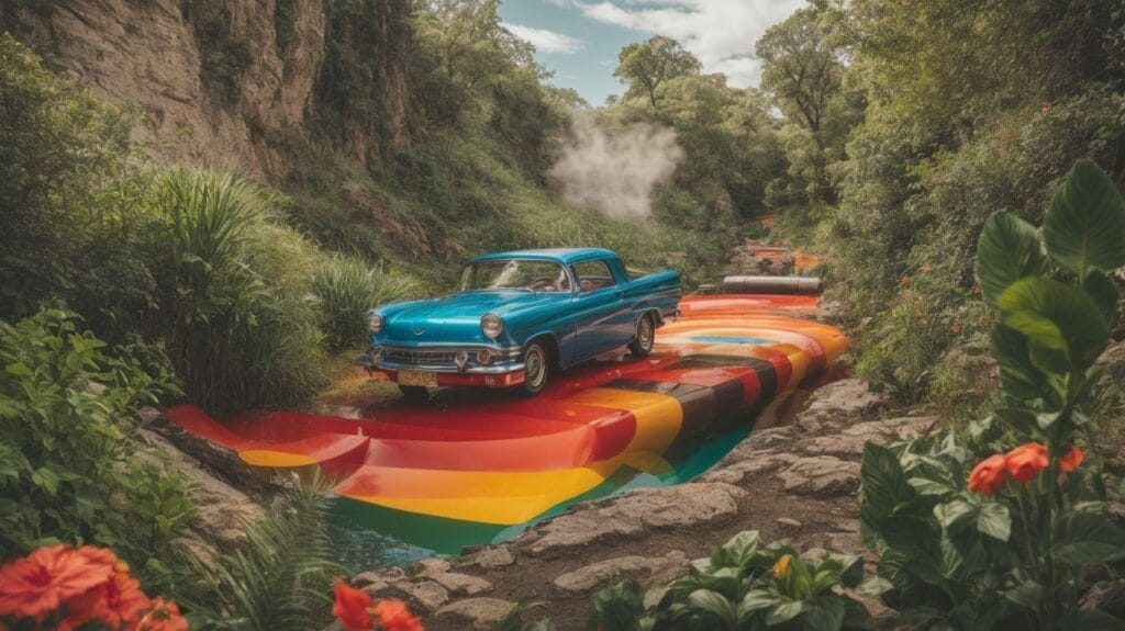 A colorful car is driving down a river with flowers in the background, perfect for a Mario-themed coloring book.