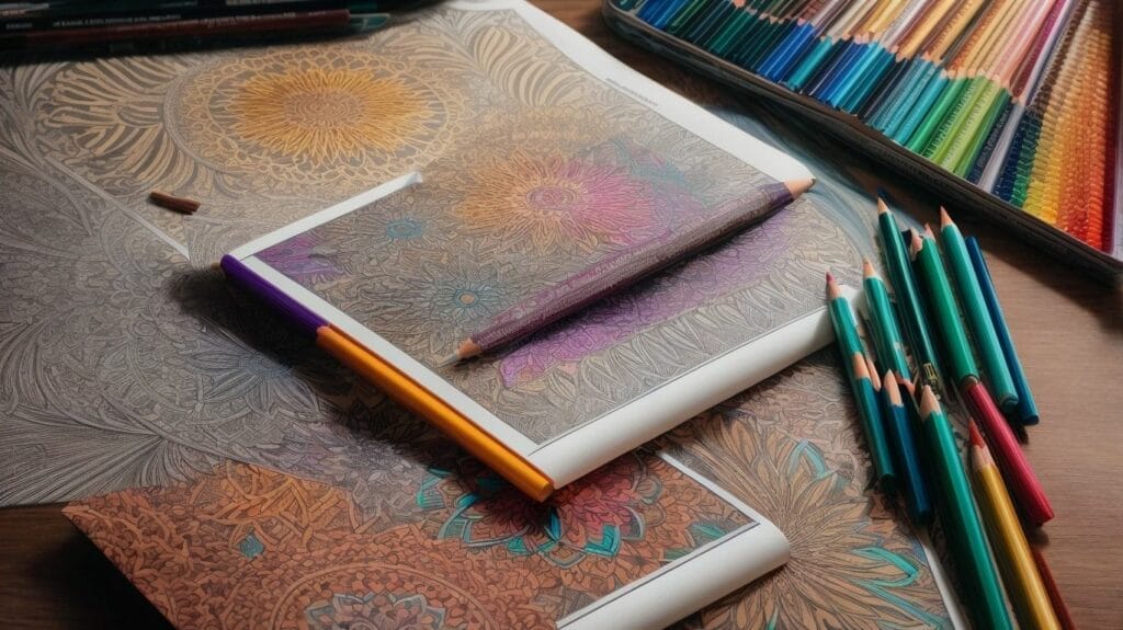 Gift ideas: This adult coloring book comes with a set of colored pencils and is displayed on a wooden table.