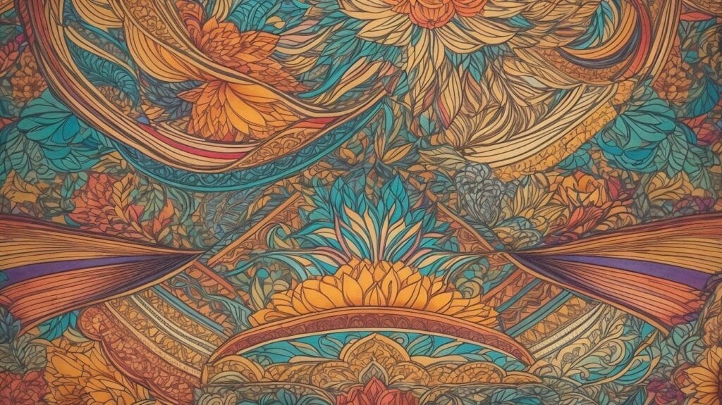 A colorful doodle pattern on a brown background in an adult coloring book.