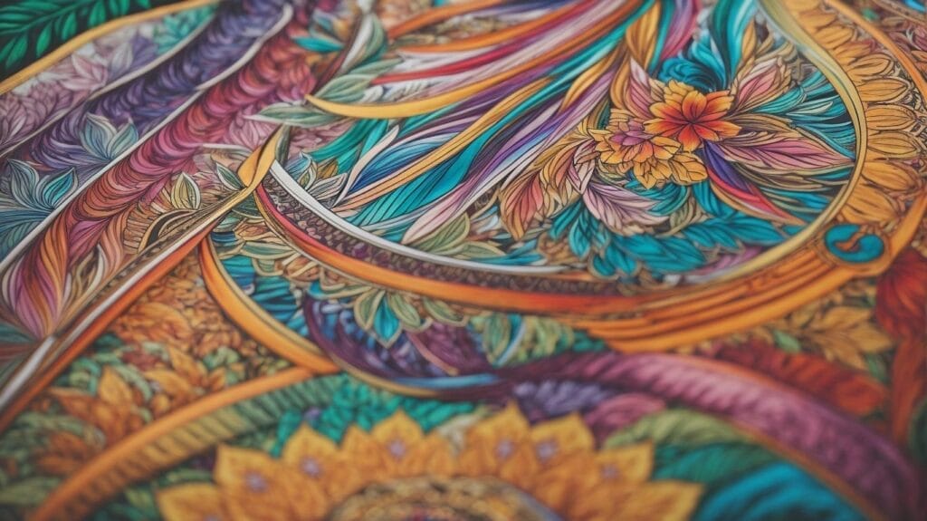 A close up of a colorful drawing of a flower from an Adult Coloring Book.