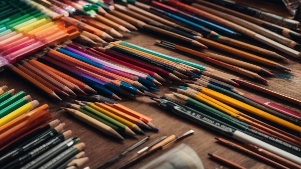 A group of colored pencils, essential coloring supplies, rest on a wooden table.