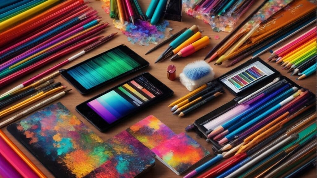 Colorful pencils, colored pencils, and pens on a table for coloring.