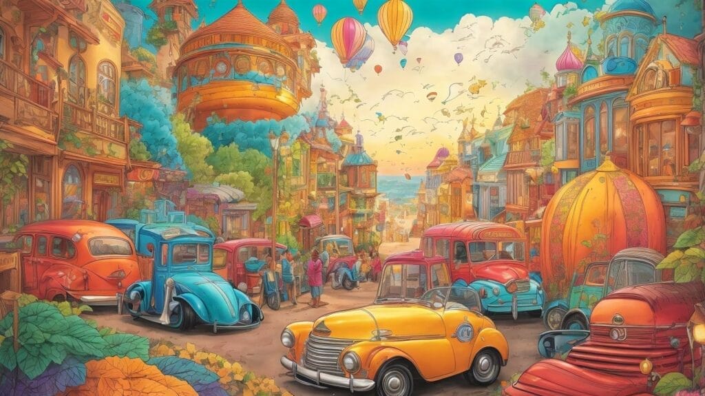 A colorful jigsaw puzzle of a street with cars and balloons, perfect for kids.
