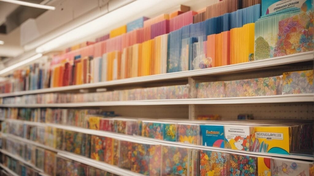 A shelf full of colorful paper in a store, perfect for kids who love drawing and coloring.