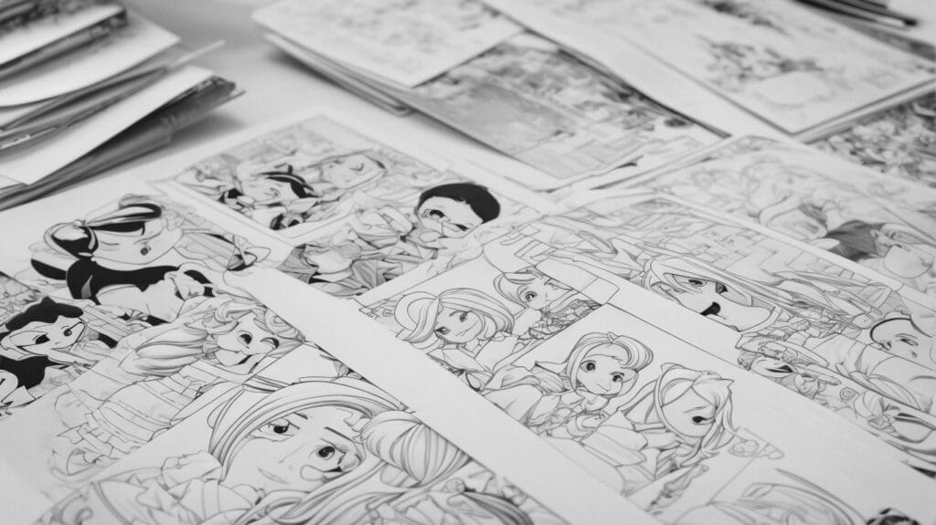 A black and white photo of a pile of comics on a table, featuring various cartoon characters.