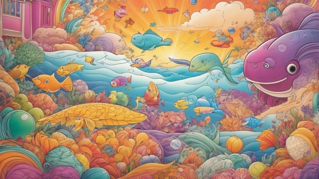 A cartoon-themed painting of colorful fish and sea creatures.