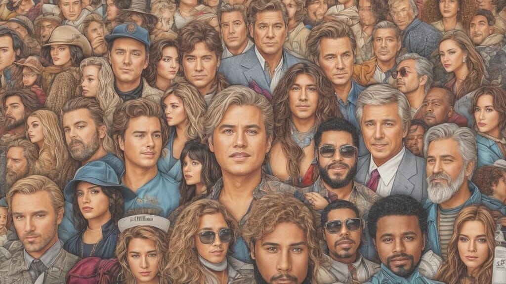 A colorful painting of a large group of people, featuring popular celebrities.