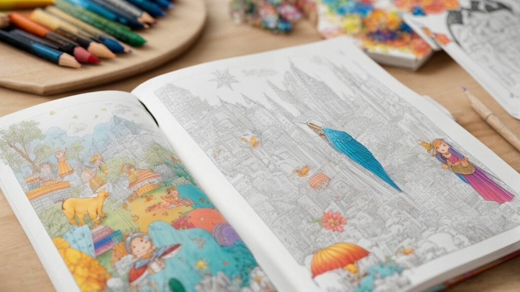 A children's coloring book with colored pencils and crayons on a table.