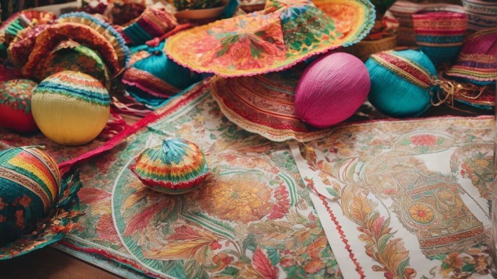 Colorful easter eggs and hats on a table.