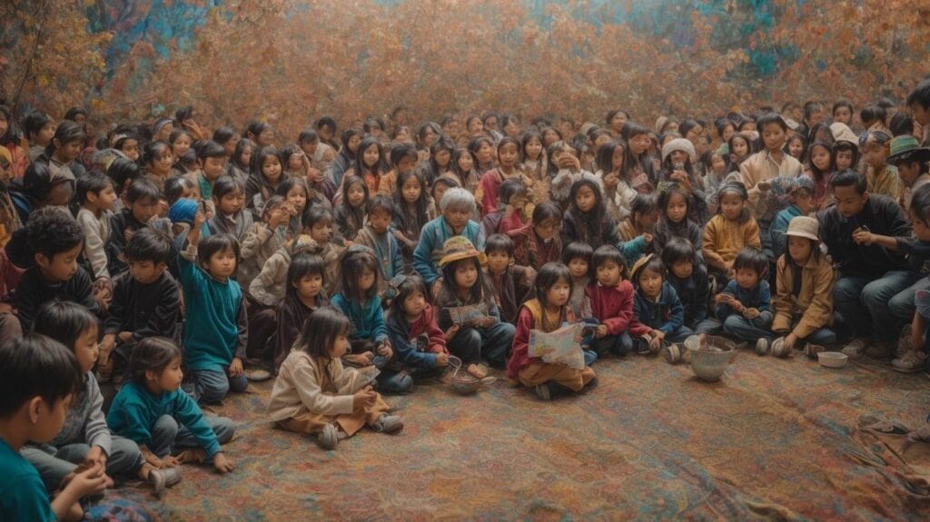 A collaborative community of children sitting on the ground, coloring together with vibrant colors.