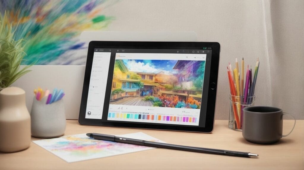 An iPad tablet with coloring apps is sitting on a desk with styluses.