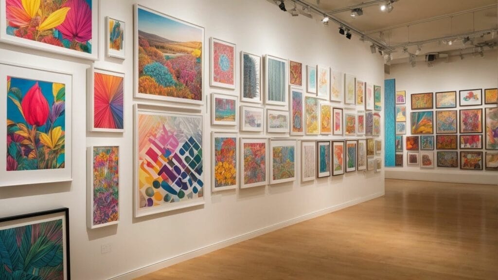 An art gallery showcasing a vibrant collection of colorful paintings on the walls.