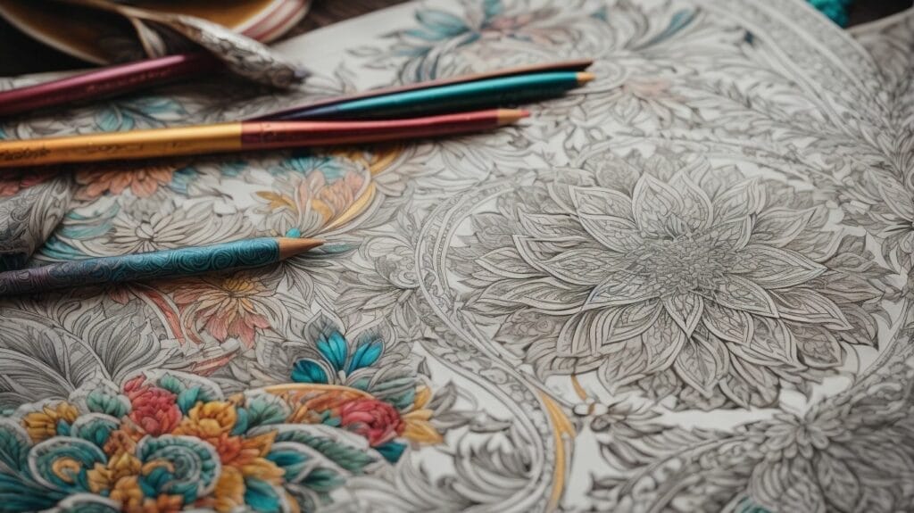 A Coloring Book with colored pencils on it, filled with intricate Pages for you to color.