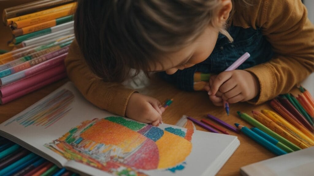 A little girl using colored pencils to color in a coloring book on a table, practicing hand-eye coordination.
