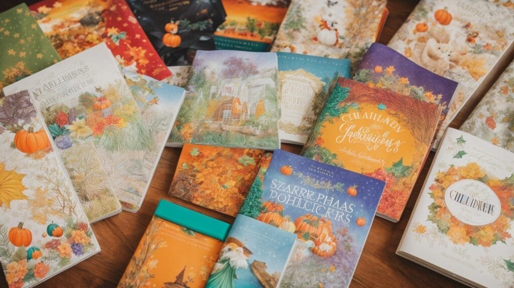 A collection of autumn-themed coloring books on a wooden table.