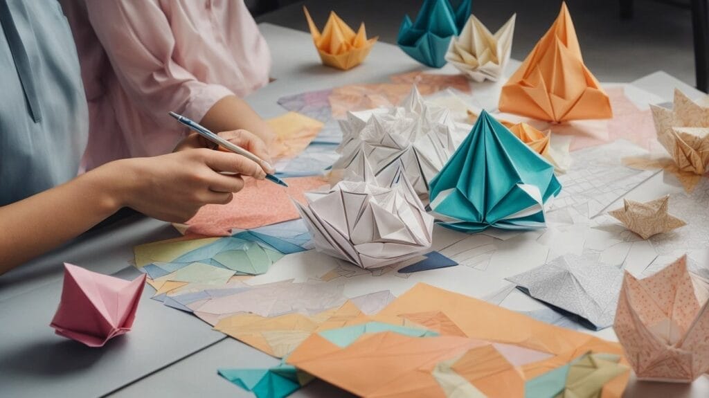 A woman is creating origami at a table.