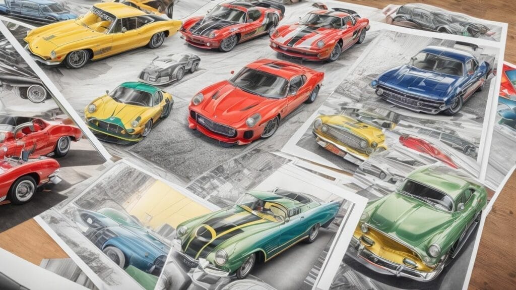 A collection of colored pencil drawings of cars on a table, perfect for boys who love coloring pages.