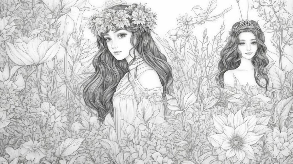 A black and white coloring page of two girls in a field of flowers.